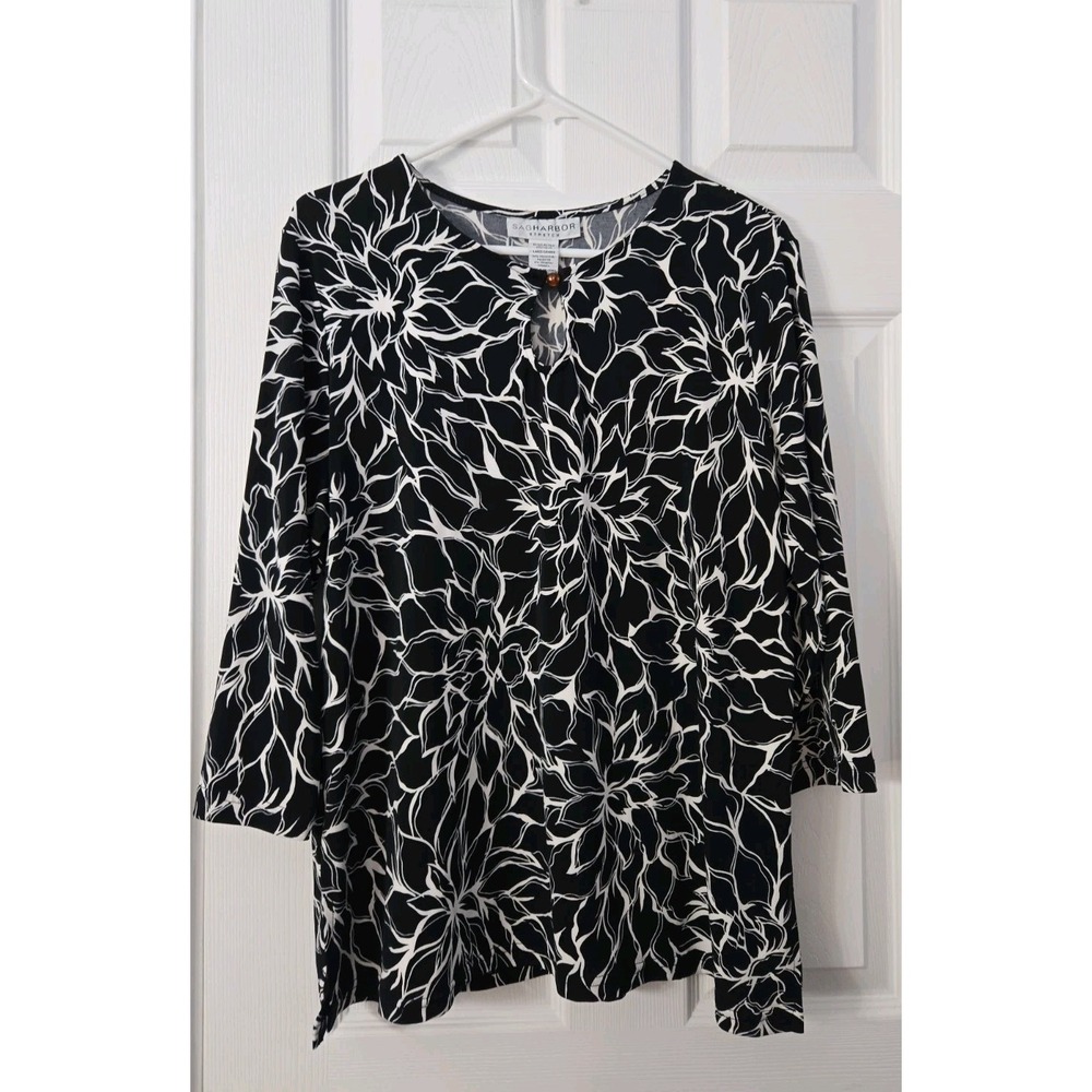 Sag Harbor Stretch Tunic Blouse Top Black & White 3/4 Sleeve Keyhole SZ LG